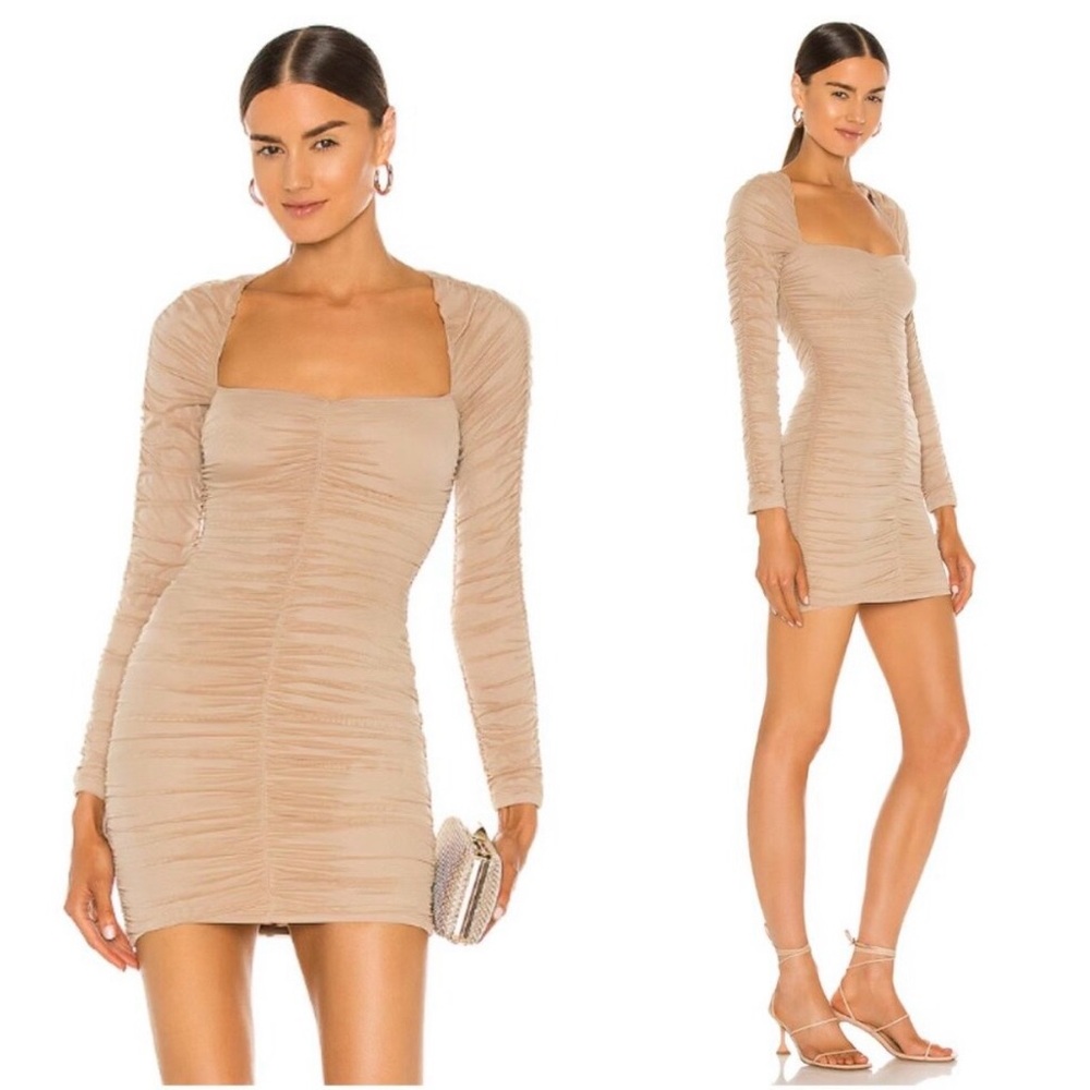 Michael Costello x Revolve Franky Taupe Beige
Ruched Mesh Long Sleeve Dress